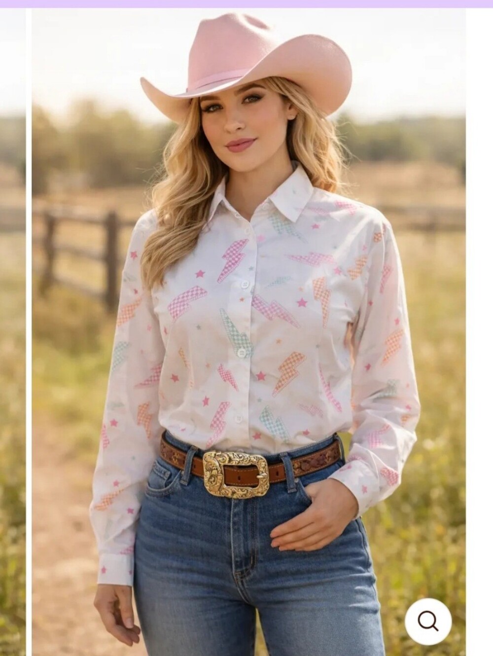 Neon Spur Classic Western Button-Up Shirt in Pastel Lightning Print